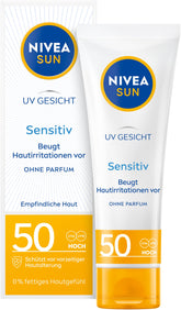 Nivea Sun UV Face Sensitive Sun Cream 50 ml Pack of 1 x 50 ml for Sensitive Skin Sun Protection Soothes Skin Irritations